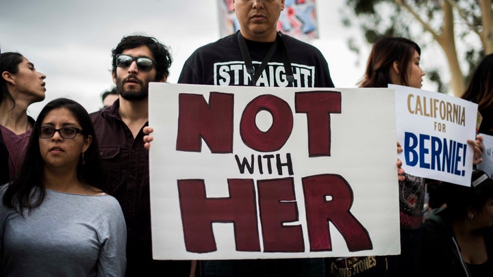 Bernie Sanders supporters protest outside of a Hillary Clinton rally in Los Angeles earlier this month.