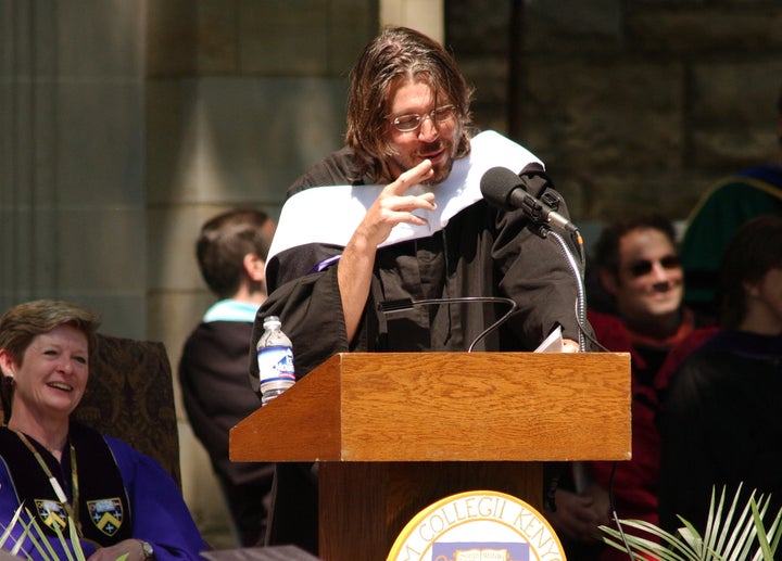 Georgia Nugent, then the president of Kenyon College, listens as David Foster Wallace gives his commencement speech in 2005. She wasn't sure what to expect when he arrived on campus.