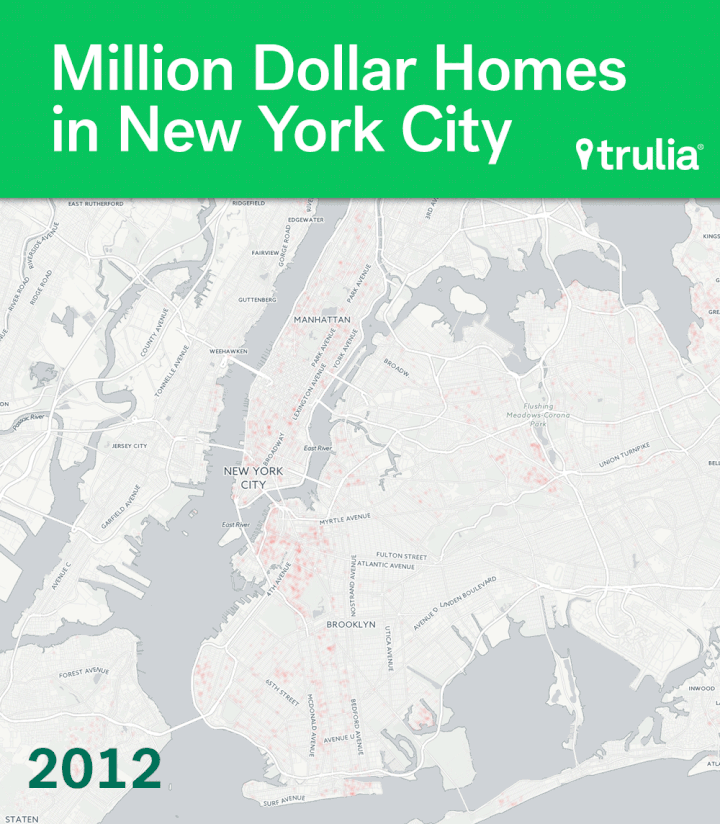 The Trulia time-lapse map of New York City shows how homes valued over a million dollars spread through Brooklyn in the last four years. 