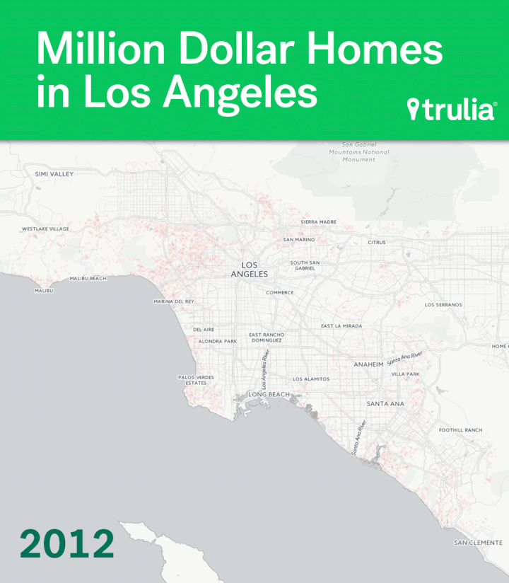 The Los Angeles metro area has had the fifth-largest increase in share of houses worth over a million dollars since 2012, according to the Trulia report. 