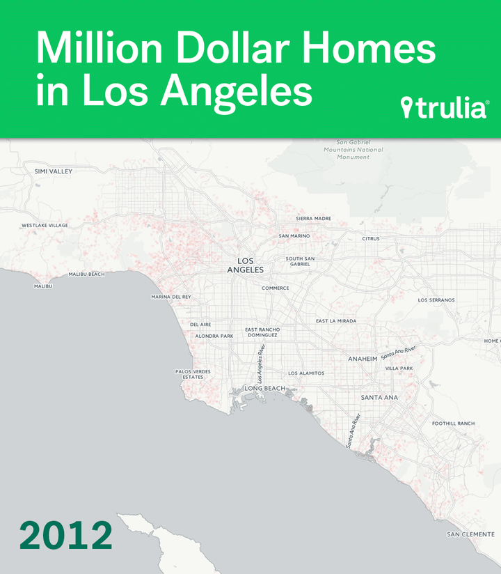 The Los Angeles metro area has had the fifth-largest increase in share of houses worth over a million dollars since 2012, according to the Trulia report.