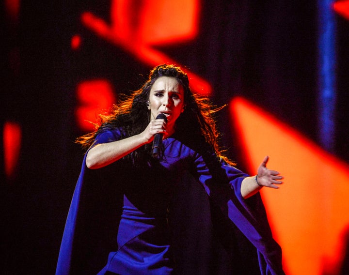 Ukraine's Jamala performs her winning song "1944" during the Eurovision Song Contest final at the Ericsson Globe Arena in Sto