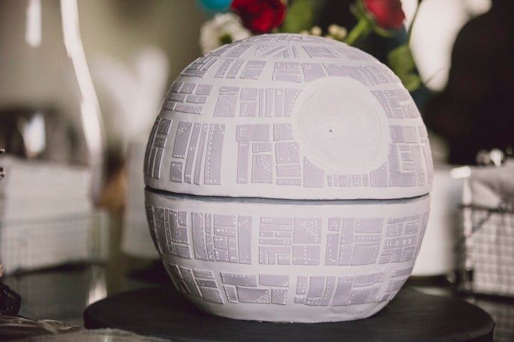 A Death Star wedding cake by <a href="https://www.facebook.com/TheKiltedCake/" target="_blank">The Kilted Cake & Sup