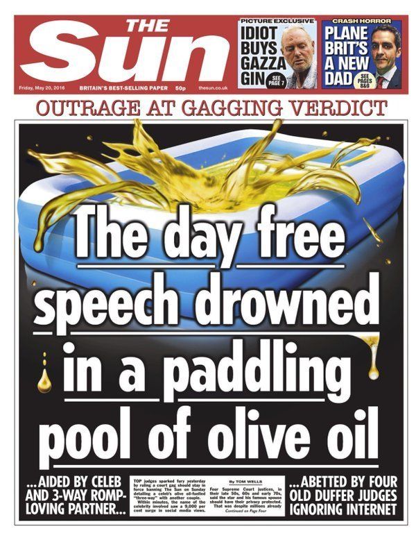 The Sun front page reacting to the celebrity threesome injunction couple's court victory