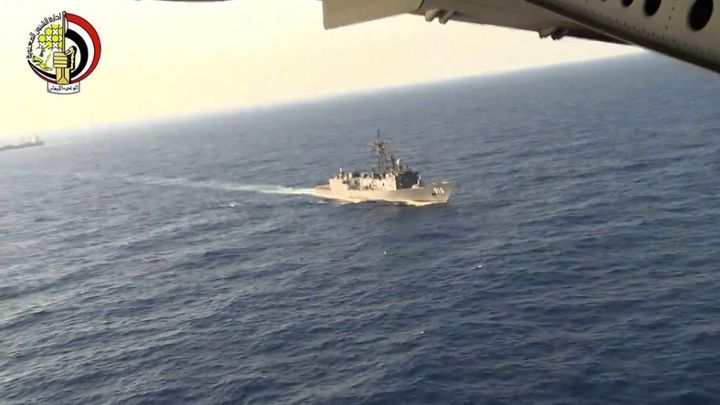 Egyptian military vessels patrolling the sea during the search for the plane 