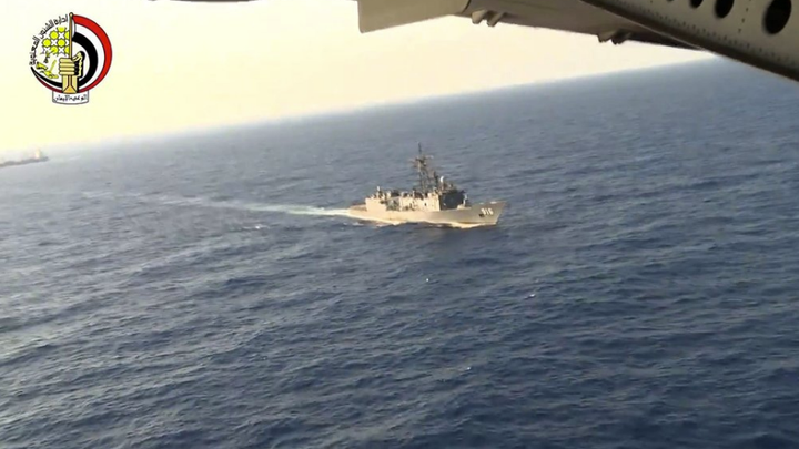 Egyptian military vessels patrolling the sea during the search for the plane 