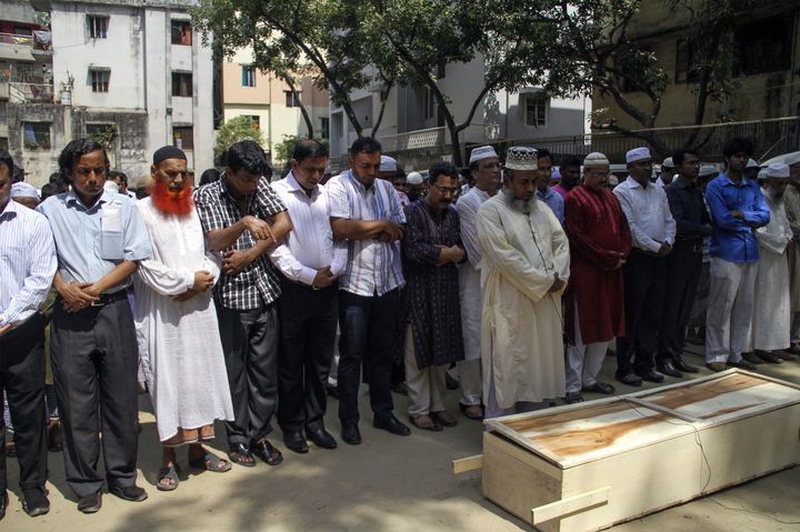 Since February 2015, at least 26 people have been killed including five secular bloggers, a publisher and two gay rights campaigners. Above, relatives and friends of the murdered gay rights campaigners attend the funeral prayer.