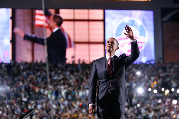 Barack Obama speaks to the crowd on the final night of the 2008 Democratic National Convention. He was the first African-American nominee from a major party.
