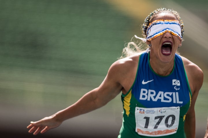 Guilhermina competes in the Women's 400-meter T11 series during day two of the Open Caixa Loterias 2014 Paralympics Athletics competition at Ibirapuera Sports Complex in Sao Paulo, April 25, 2014.