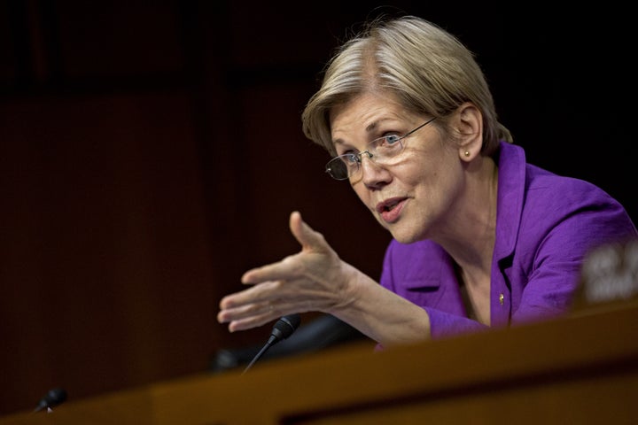 Sen. Elizabeth Warren (D-Mass.) questions witnesses during a Senate committee hearing on Valeant Pharmaceuticals in Washington, D.C.