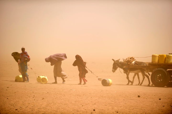 Women and girls, caught in a small sandstorm, fetch water in Wajir. A wide swathe of east Africa has been hit by years of severe drought.