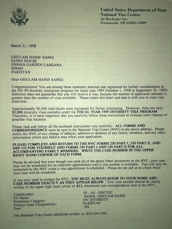 The letter Hanif Sangi received at his home in Pakistan notifying him he'd been selected in the U.S. green card lottery.