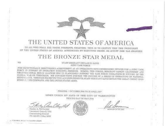 A certificate commemorating the Bronze Star Medal issued to Hanif Sangi.