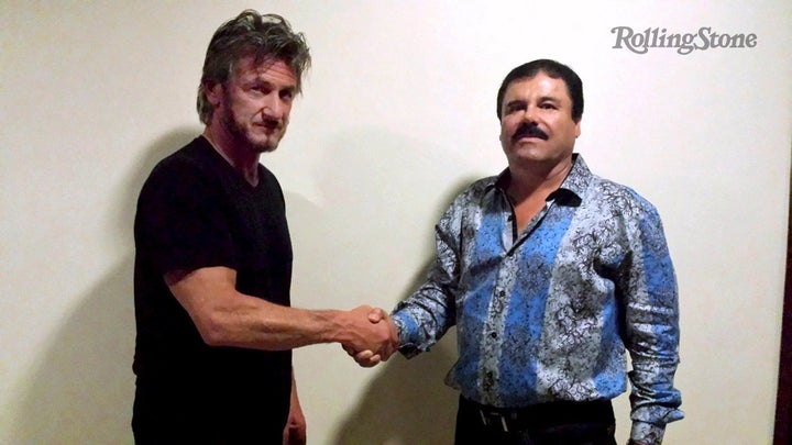 Actor Sean Penn shakes hands with Joaquin Guzman in this photo provided by Rolling Stone.