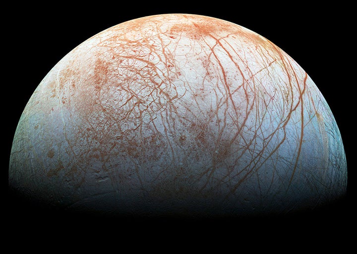 The puzzling, fascinating surface of Jupiter's icy moon Europa looms large in this image taken by NASA's Galileo spacecraft in the late 1990s. This shows the largest portion of the moon's surface at the highest resolution.