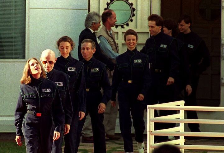 Poynter, fifth from the right. After two years of voluntary confinement in the Biosphere 2 project in Arizona, the eight member crew of the project stepped back into the Earth's atmosphere 26 September 1993.