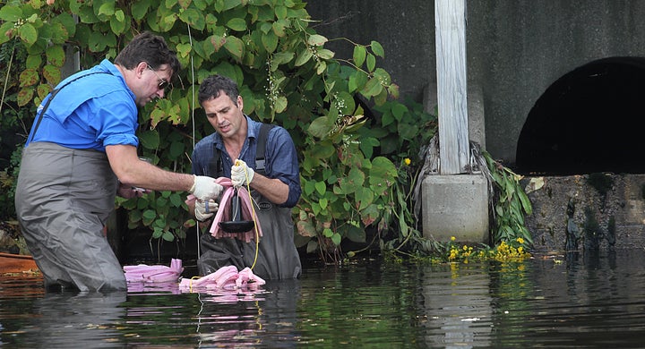 Actor Mark Ruffalo, right, in Boston's Charles River with Scott Smith last September.