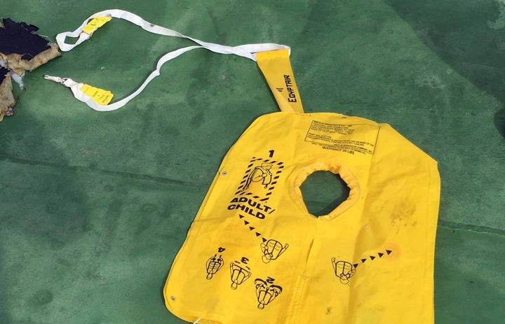 A life jacket among recovered debris of the EgyptAir jet that crashed in the Mediterranean Sea is seen in this handout image