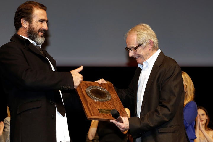 <strong>British film and television director Ken Loach, right, receives the Lumiere Award from the hands of former French football player and actor Eric Cantona, left, during the 4th edition of the Lumiere festival, in Lyon, central France, in October 2012</strong>