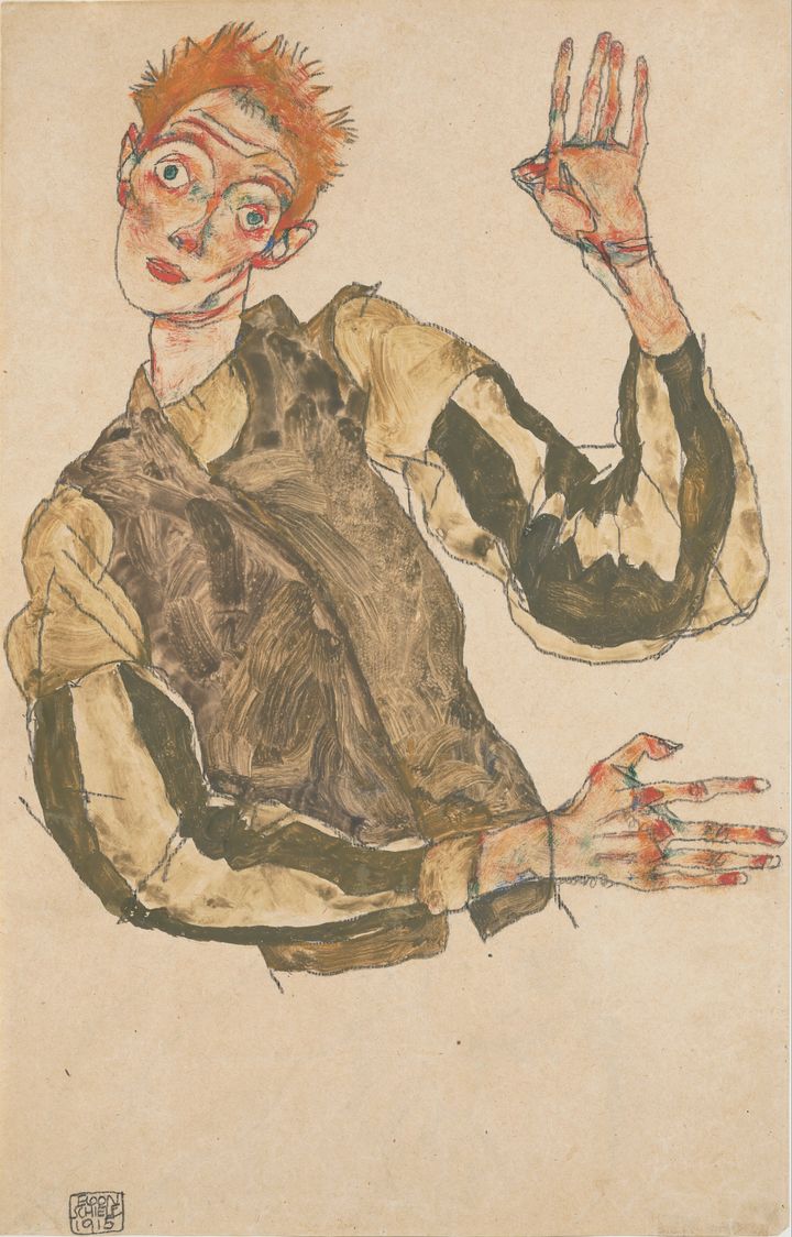 Egon Schiele, "Self-Portrait with Striped Sleeves," 1915