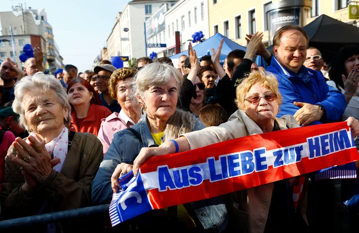 Supporters of Austrian far right Freedom Party (FPOe) presidential candidate Norbert Hofer attend his final election rally in Vienna, Austria, May 20, 2016.