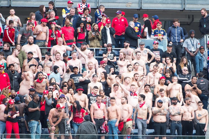 Red Bulls fans ripped their shirts off at Yankee Stadium during their team's 7-0 demolition of home team NYCFC. 