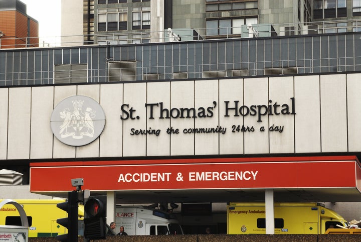 Exterior image of the Accident & Emergency entrance at St Thomas Hospital, London.