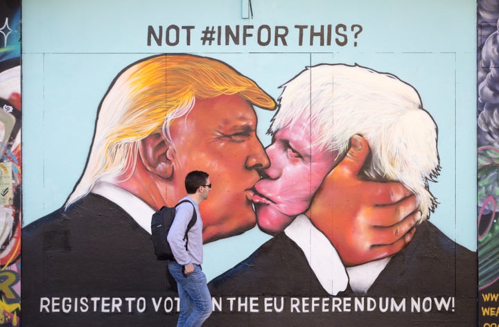 The Paintsmiths painted the mural of Donald Trump locking lips with Boris Johnson in Bristol, England.