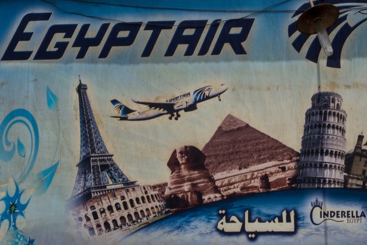 An advert promoting EgyptAir is seen on the outside of a travel agency on May 23, 2016 in Cairo, Egypt.