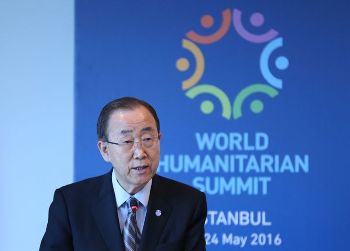 ISTANBUL, TURKEY - MAY 24 : Secretary General of the United Nations Ban Ki-moon speaks during a side event 'Mayors Focus Session: Cities Response to Migration' within the World Humanitarian Summit in Istanbul, Turkey on May 24, 2016. (Photo by sa Terli/Anadolu Agency/Getty Images)