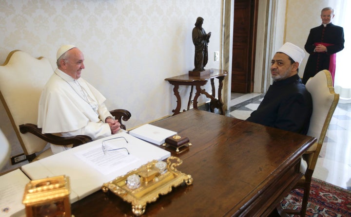 Pope Francis met the Grand Imam of Cairo's Al-Azhar Mosque at the Vatican on Monday in a historic encounter that was sealed with a hugely symbolic hug and exchange of kisses.