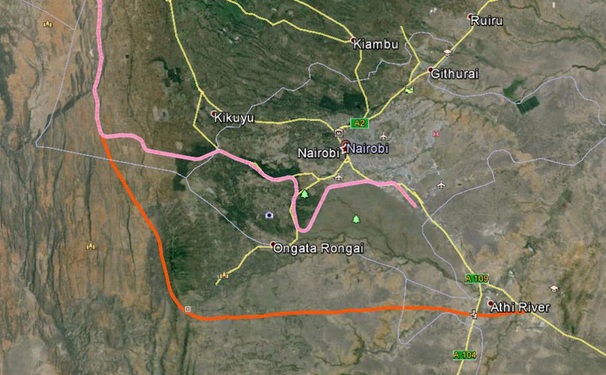 Goss' proposal for routing the SGR around Nairobi. "It's basically going back to Athi River, then behind Nairobi National Park, and down into the rift just south of Ngong Hills." The pink is the original route -- which is now shelved -- and the orange is Goss's proposed route.