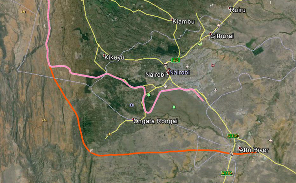 Goss' proposal for routing the SGR around Nairobi. "It's basically going back to Athi River, then behind Nairobi National Par