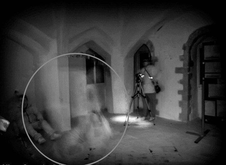 Enhanced image of an alleged ghost at Castle Rising in Norfolk, UK. Longstanding rumors suggest the ghost of Queen Isabella has haunted the castle for centuries.