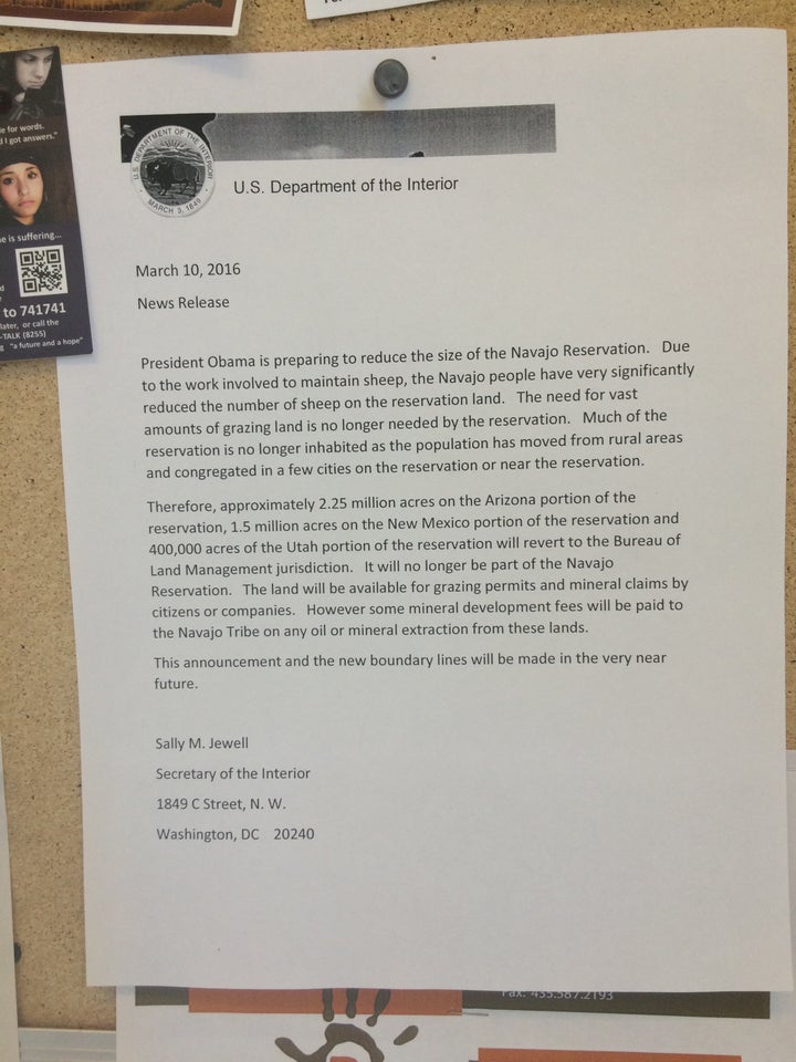 A falsified document purporting to be from Secretary of Interior Sally Jewell that was posted at a U.S. Post Office in Bluff, Utah.