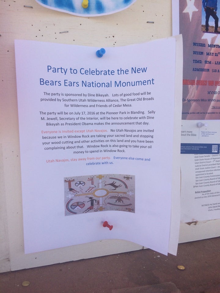 Falsified document announcing a party to celebrate the national monument designation of Bears Ears. "Utah Navajos, stay away from our party," it reads.