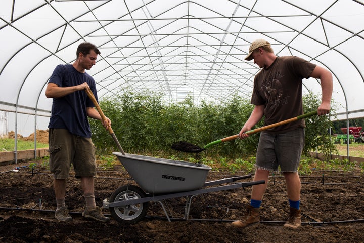 Compost from a facility being added to soil to grow produce on a farm.