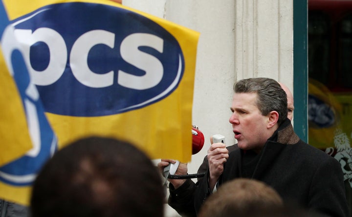 Mark Serwotka addressing striking members outside the Cabinet Office