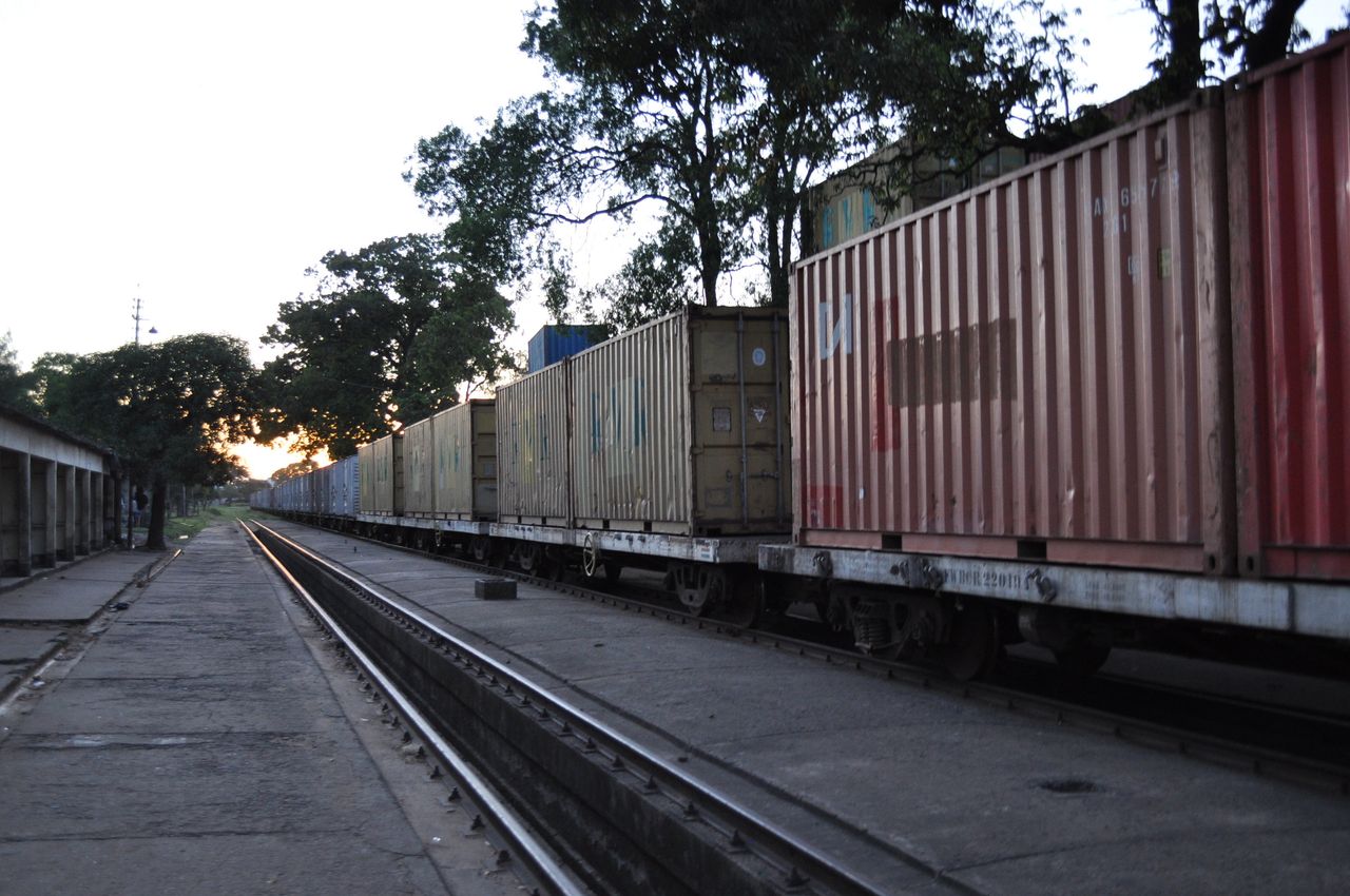 A "Lunatic Express" cargo train along the old route at Mombasa Station.