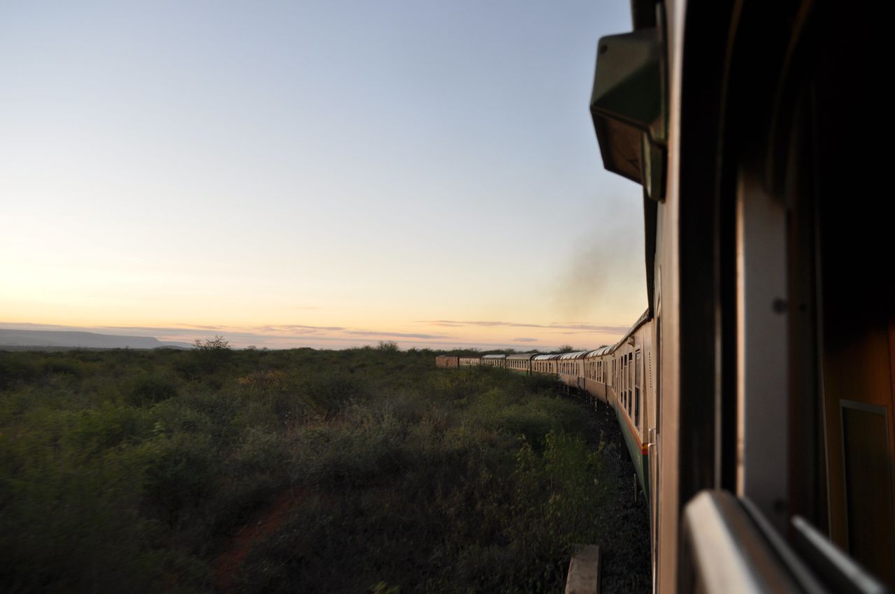 A train goes through Tsavo East National Park in Kenya.