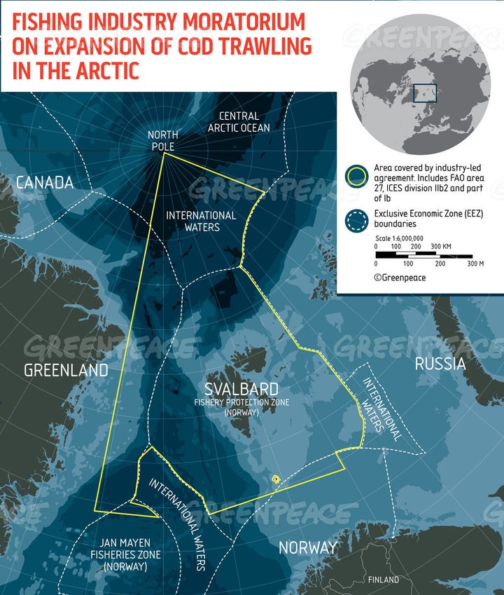 A map of the area of northern Barents Sea, including the waters around Svalbard, where some of the world's largest seafood and fishing companies have committed not to expand their search for cod.