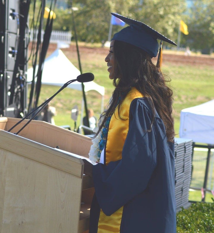 Domonique Jones delivering the student commencement speech for the 2016 graduates of the Social Sciences Humanities and Arts