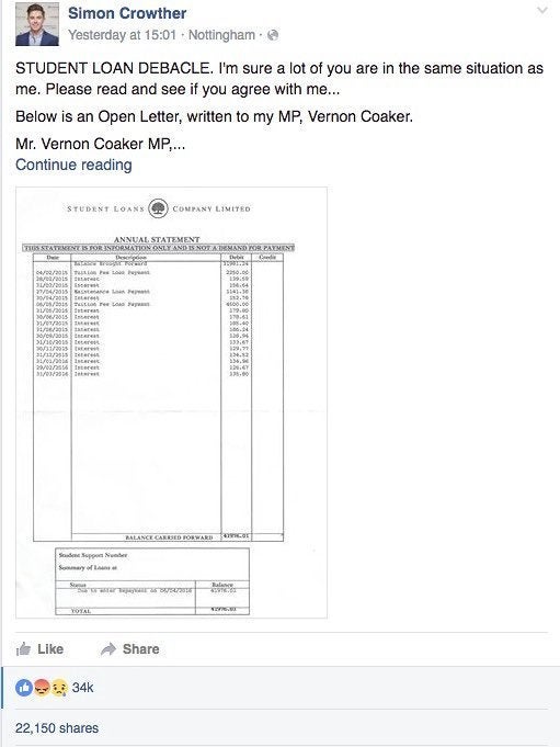 Simon Crowther's letter was removed from Facebook, after amassing 20,000 shares