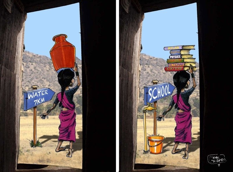 Jean Gouders illustrates a world where girls have the opportunity to carry books to school instead of spending their days hauling water.