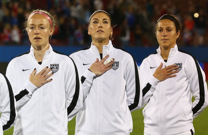 U.S. soccer stars Becky Sauerbrunn, Hope Solo and Carli Lloyd at a match against Costa Rica on Feb. 10, 2016. Women's team members "do not get paid on par with their male counterparts," Sen. Patty Murray (D-Wash.) said.