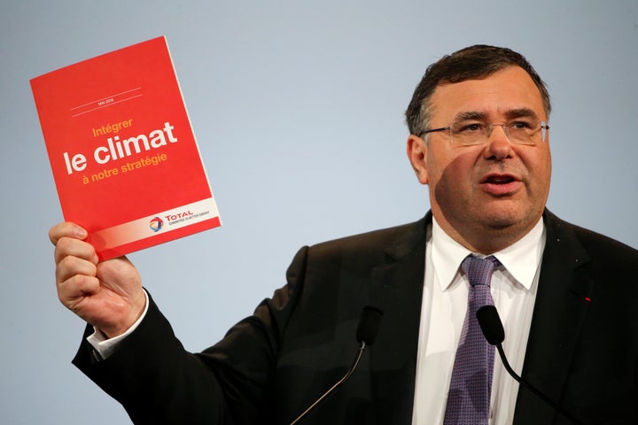 Patrick Pouyanné, the CEO of French oil firm Total, speaks during a shareholders meeting in Paris on May 24, 2016. Total has pledged to shift to a more climate-friendly business strategy.