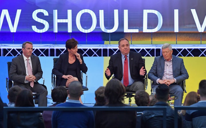 Liam Fox, Diane James, Alex Salmond and Alan Johnson (L-R) at the #BBCDebate in Glasgow