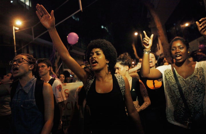 The case has raised questions about Brazil's attitude to rape (International Women's Day march in Rio de Janeiro pictured)