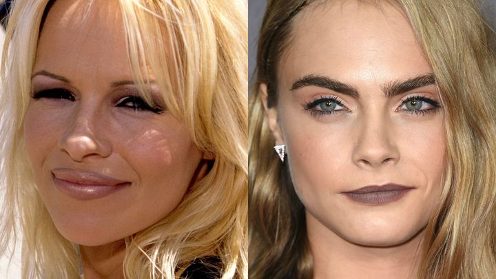 Left: Pamela Anderson in 1996, right: Cara Delevingne in 2016