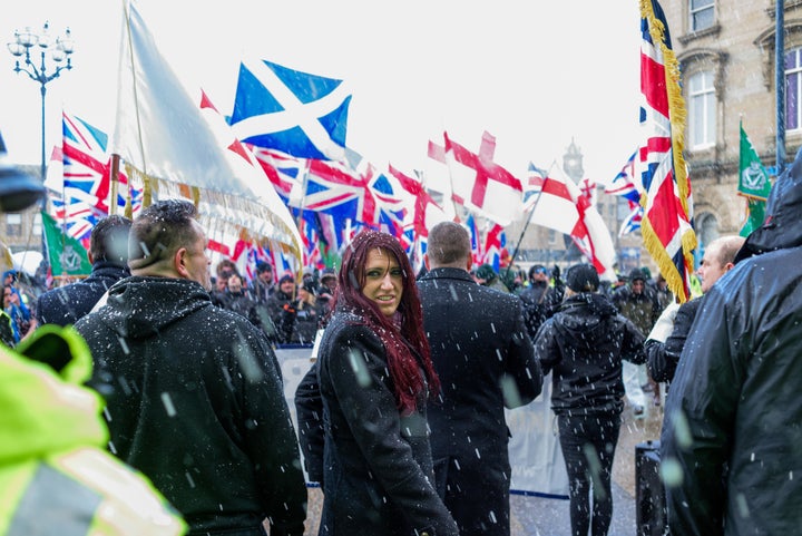 The second most expensive far-right demonstration to police was Britain First's march in Dewsbury on January 30, 2016. Deputy leader, Jayda Fransen, is pictured centre.